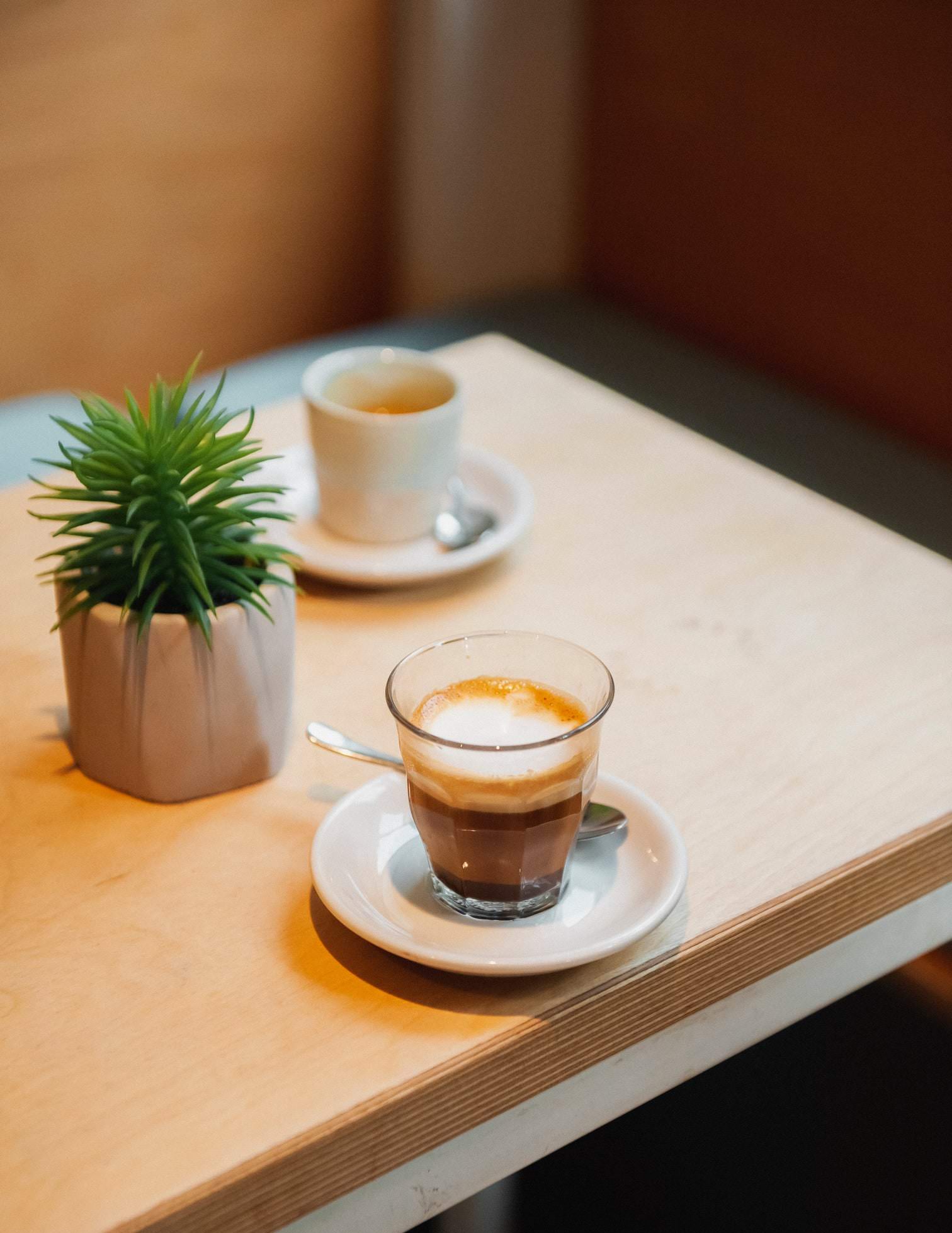 Two coffees  and a succulent on a wooden table at the Missing Bean cafe in Abingdon