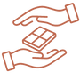 Red illustration of two hands exchanging a chocolate bar