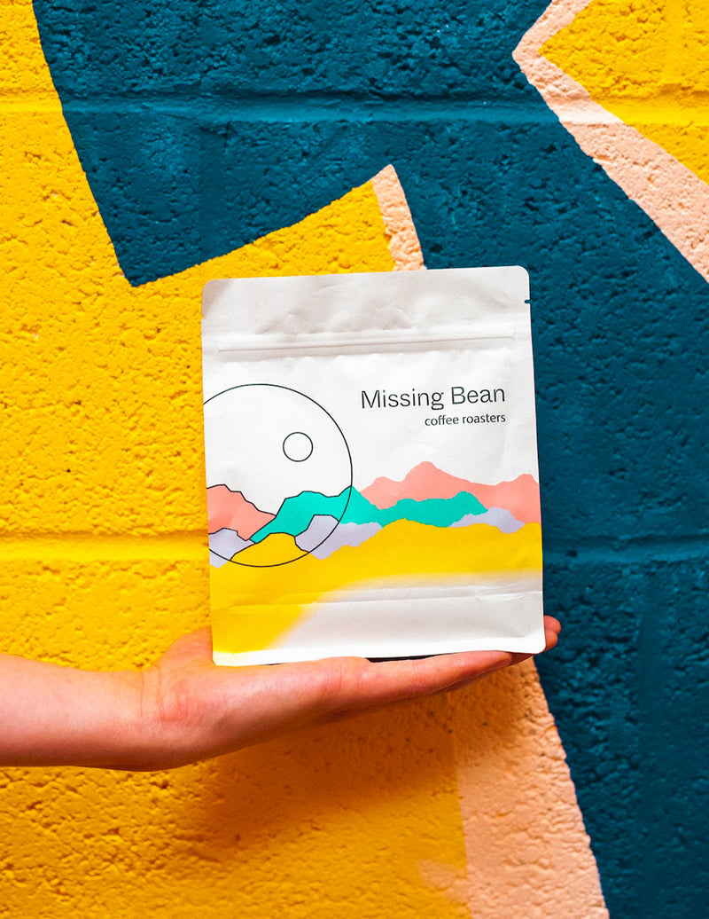 Hand holding up a 250g bag of Missing Bean coffee beans against a yellow and blue painted wall.
