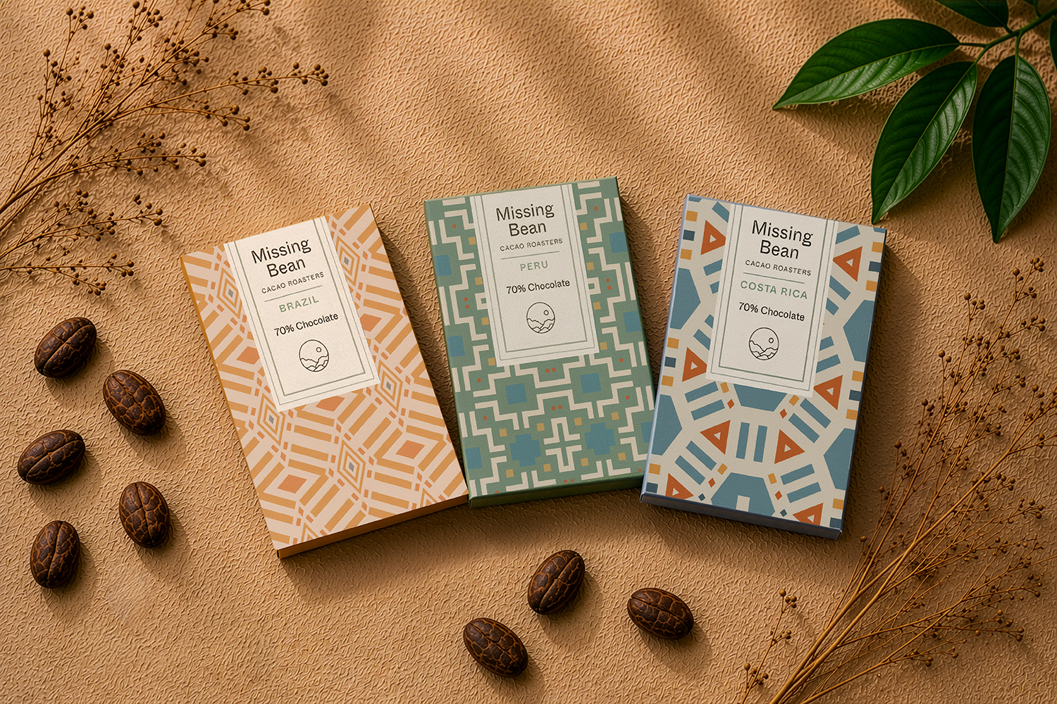Three bars of Missing Bean chocolate with geometric packaging on a textured surface with cacao beans and leaves.