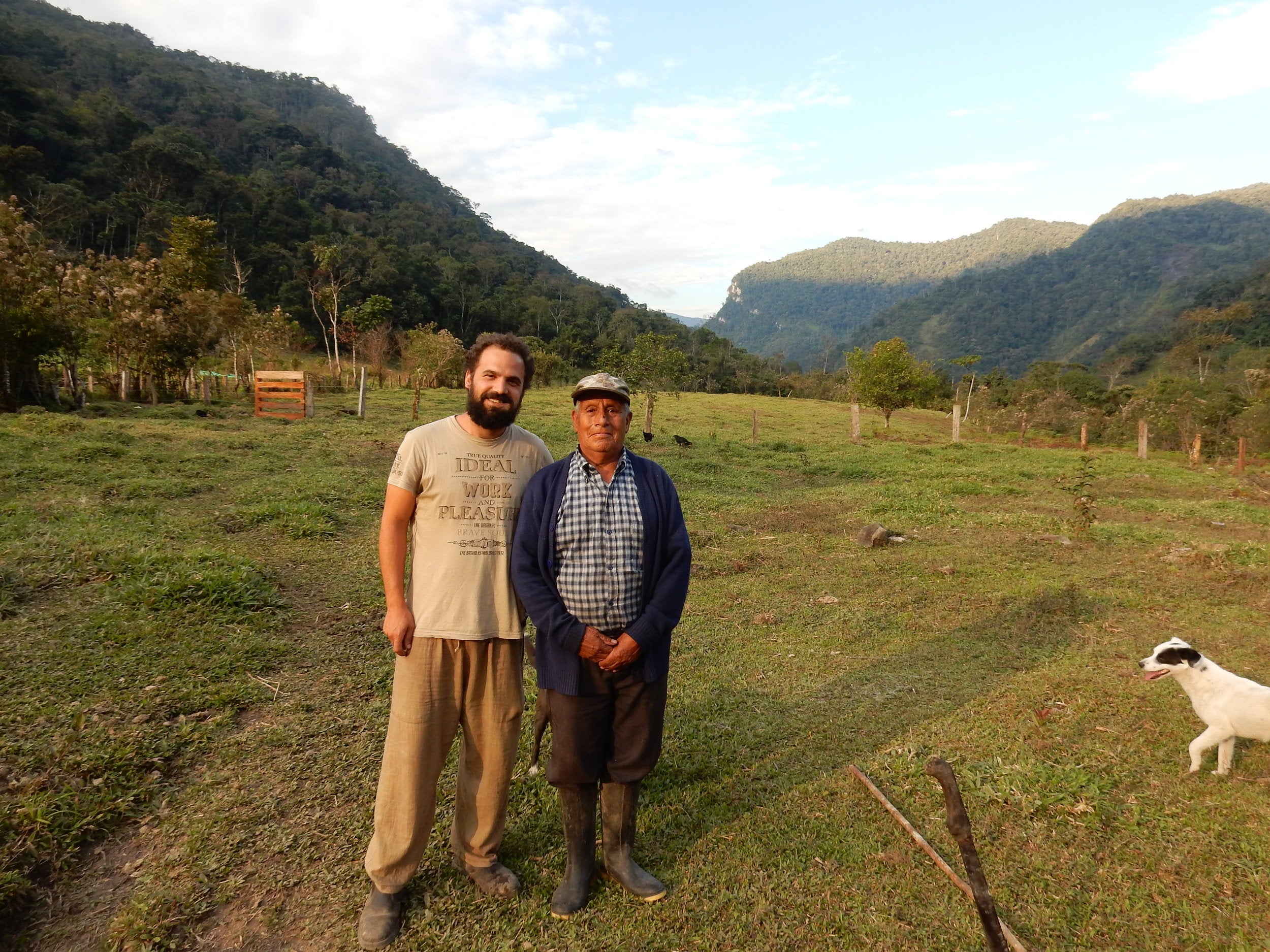 Missing Bean's founder Ori poses with owner of the Chilchos Valley coffee farm, Guillermo Cotrina in the lush mountains of Peru. There is a white dog with a black eyepatch sneaking in to the right of the frame. 