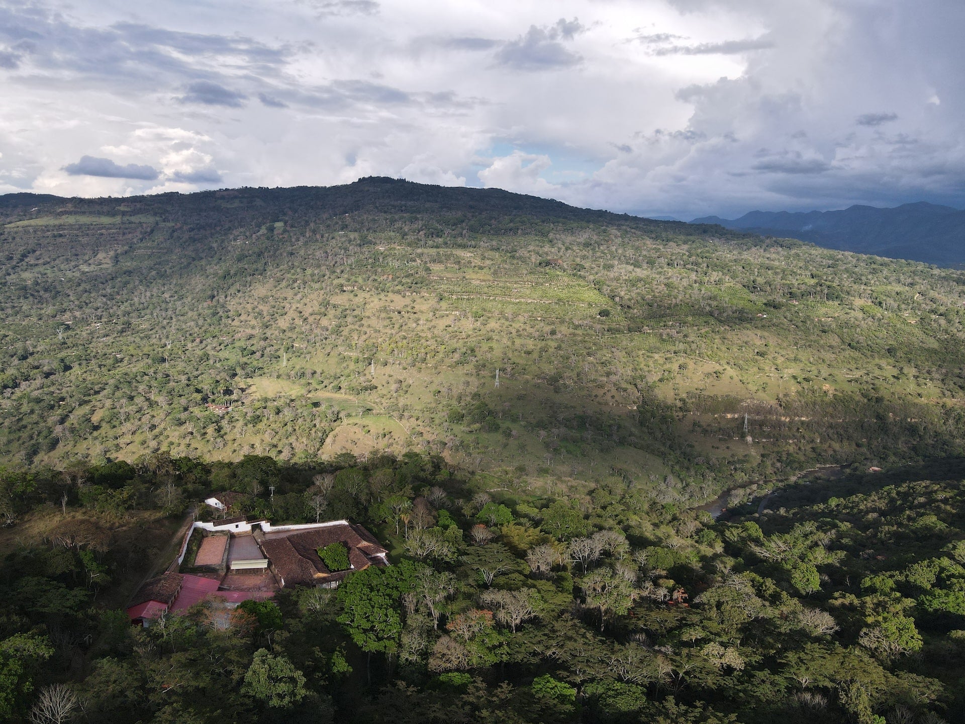 The coffee farm El Calapo and mountains of Colombia.