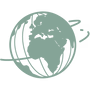 Green world map icon with a globe and arrows on a light grey background