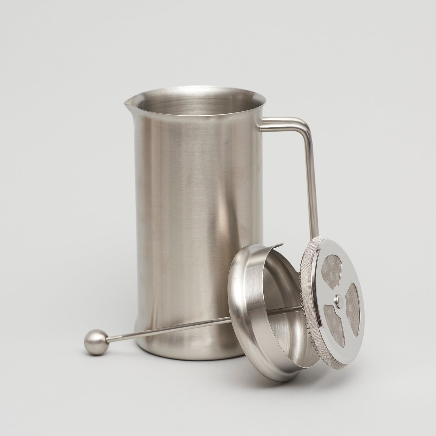 Image shows a stylish brushed stainless steel cafetiere with stainless steel mesh filter.