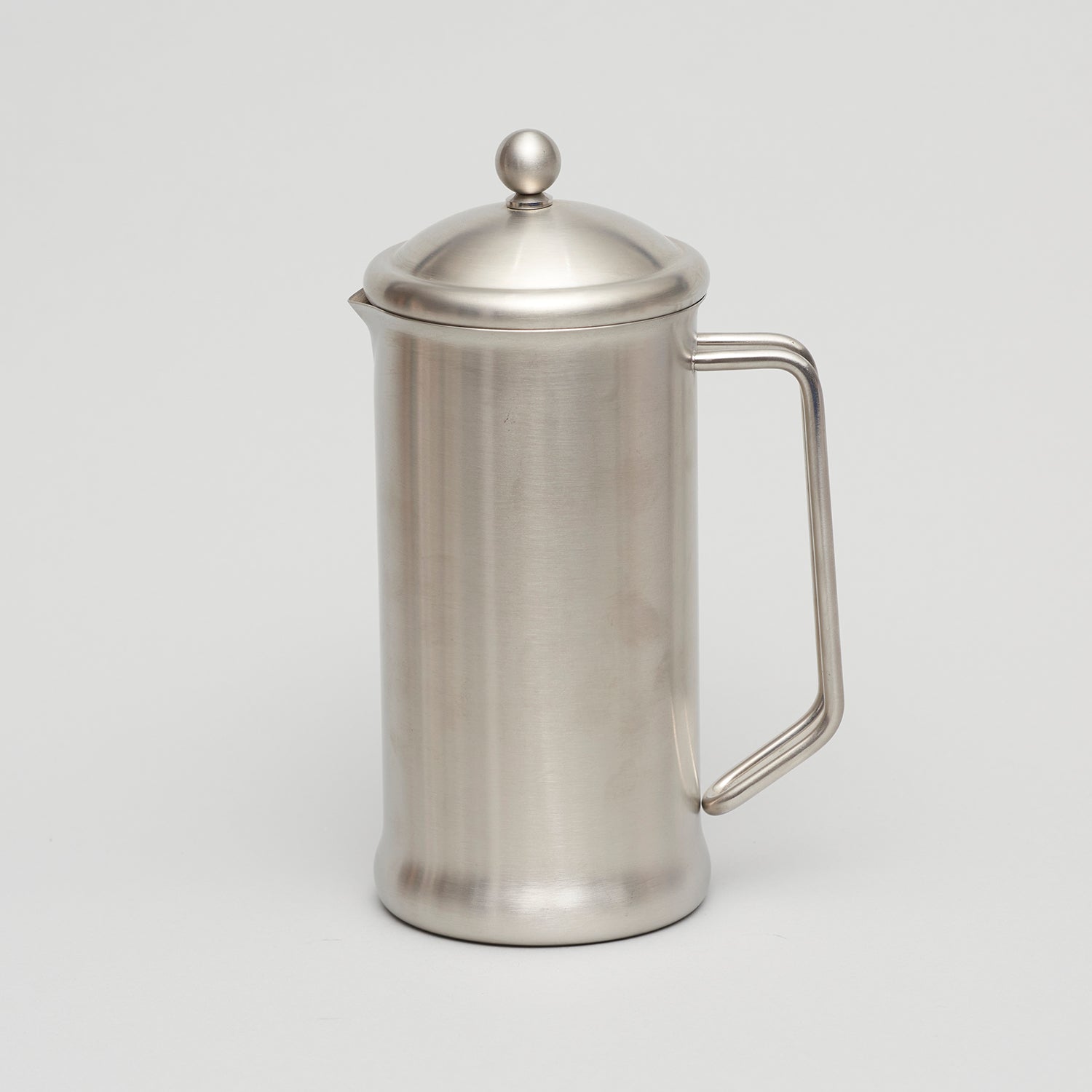 Image shows a stylish brushed stainless steel cafetiere.