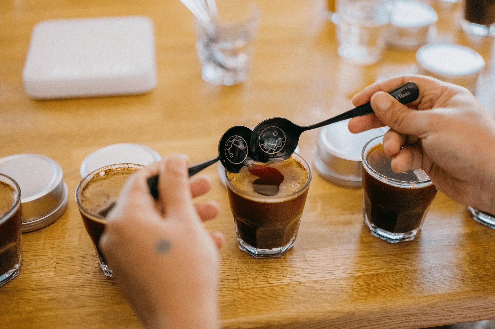 Coffee cupping using Missing Bean branded cupping spoons. 